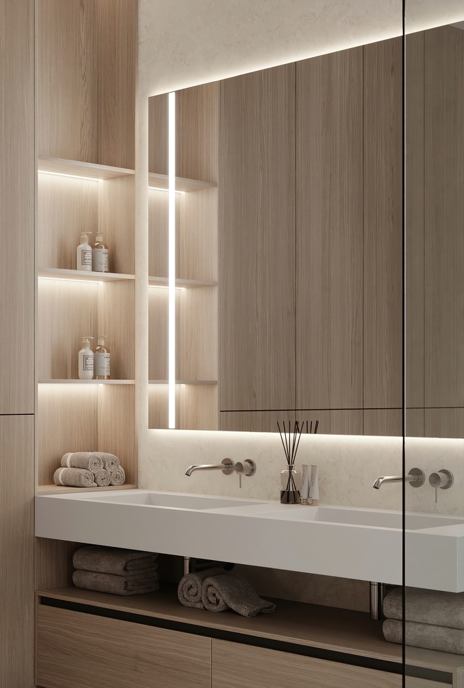 Salle de bain moderne : double vasque blanche, miroir rétroéclairé, rangements en bois clair et ambiance spa minimaliste.